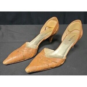 PRADA Walnut Brown Woven Leather Pointed Toe d'Orsay Wood Heel Pumps 39.5